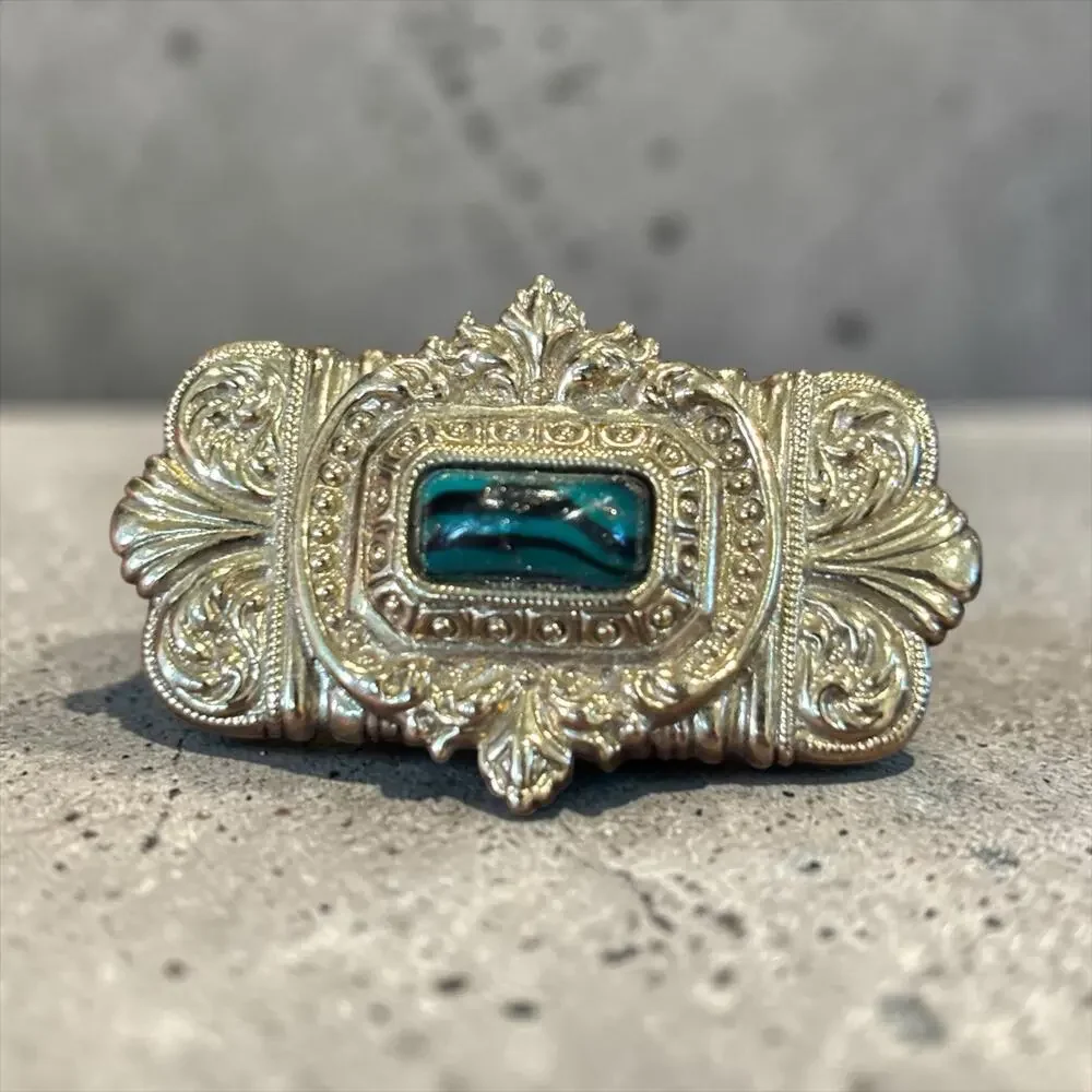 1928 Jewelry Art Deco Revival Brooch Teal Glass Ornate Gold Tone Statement Pin